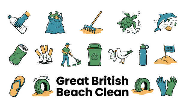 Great British Beach Clean Hand Drawn Icon Set with Environmental Pollution and Cleanup Elements