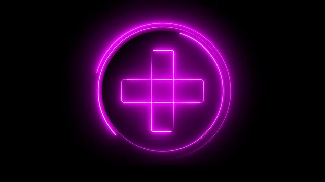 Glowing neon pink color plus sign icon animation circle mathematic calculating positive accountancy sign symbol on black background