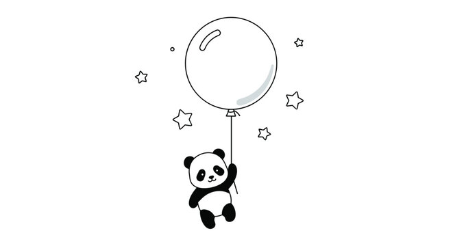 Minimal line art of a small panda bear floating with a big balloon surrounded by tiny stars on white.