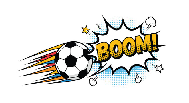 Dynamic pop art illustration of a soccer ball flying with colorful speed lines and a comic Boom text.