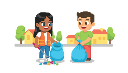 Fototapeta premium Children wearing safety vests clean up litter by gathering trash into blue recycling bags within a suburban neighborhood setting outdoors.
