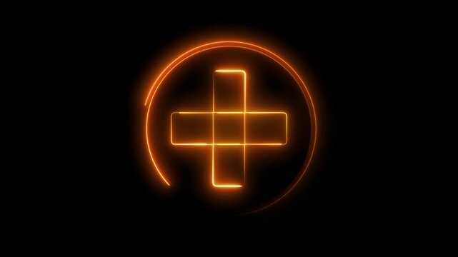 Glowing neon orange color plus sign icon animation circle mathematic calculating positive accountancy sign symbol on black background