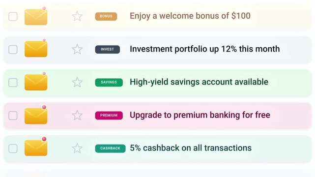 Scrolling email inbox interface showing personal finance banking offers and investment portfolio updates