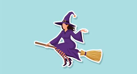 Obraz premium Sticker illustration of a beautiful cartoon witch wearing a purple gown and flying on a magic broomstick.