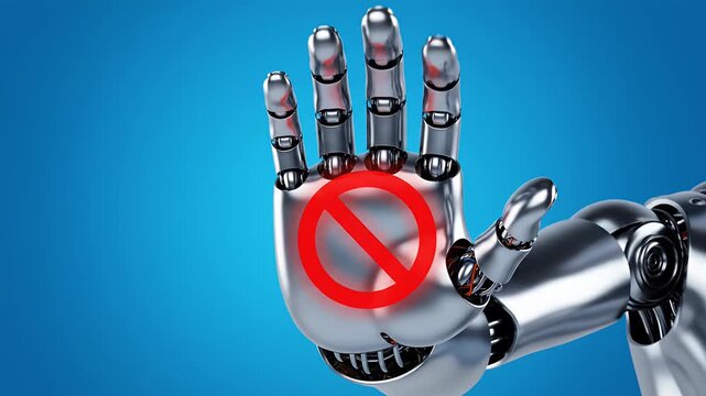 Robot hand displaying red stop sign symbol.