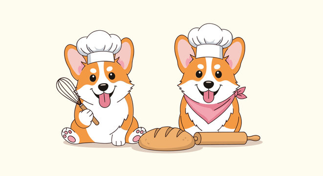 Two cute cartoon corgi dogs dressed as professional chefs stand with a loaf of bread, rolling pin, and a baking whisk.
