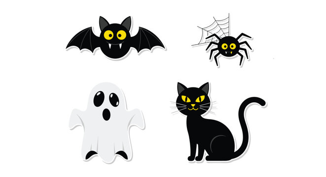Spooky cartoon Halloween sticker set featuring a friendly bat, a black spider in its web, a cute ghost, and a cat.