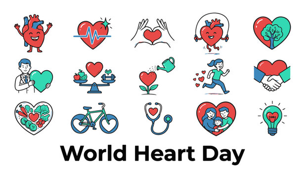 Collection of World Heart Day Icons. Modern Line Style Vector Illustration Set for Health and Cardiology Care.