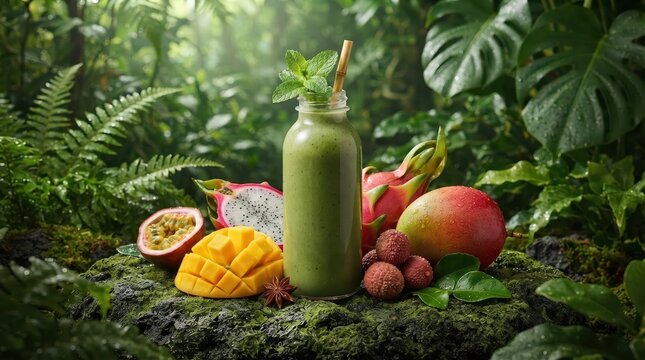A vibrant bottle of fresh green smoothie topped with mint leaves sits on a mossy stone, surrounded by exotic tropical fruits like sliced mango, dragon fruit, passion fruit, and lychees in a lush jungl