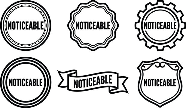 Black and white noticeable text badges with circular shield and ribbon frames