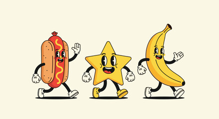 Fototapeta premium Retro cartoon characters of a hot dog, yellow star, and ripe banana walking happily on light background.
