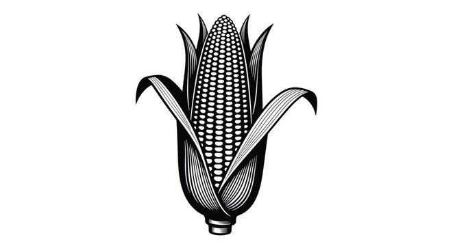 Detailed black and white engraving of a fresh ear of corn partially enclosed in its leafy green husk.
