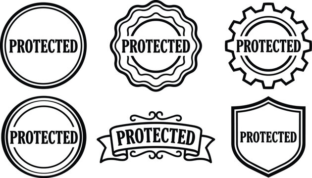 Black and white protected vintage style stamp vector set with seals and shield
