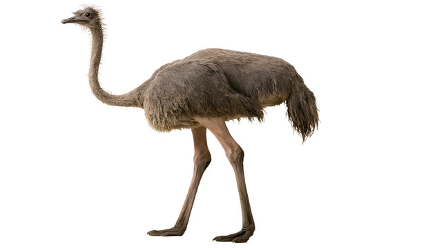 Brown ostrich bird with long neck and legs, isolated on transparent background