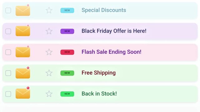 Scrolling email inbox interface displaying e-commerce flash sale alerts and exclusive black friday offers