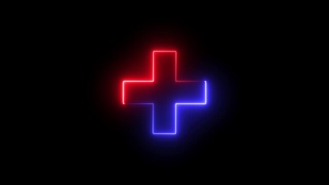 Glowing neon red and blue color plus sign icon animation circle mathematic calculating positive accountancy sign symbol on black background