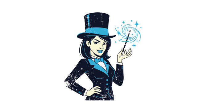 Vintage retro style vector illustration of a beautiful female magician wearing a top hat and holding a magic wand with stars.