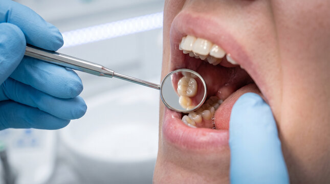 Dental examination close up with mirror and gloves in clinic checkup