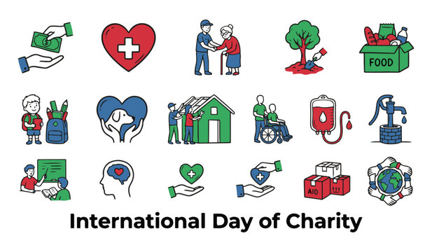 Set of Charity, Donation, and Humanitarian Aid Line Icons Collection with 'International Day of Charity' Text