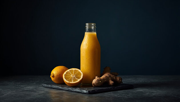 Bottle of fresh yellow juice with lemon and ginger root on stone board against dark background for healthy lifestyle and wellness drink.