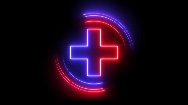 Glowing neon red and blue color plus sign icon animation circle mathematic calculating positive accountancy sign symbol on black background