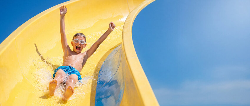 Happy boy sliding down water slide with raised hands, wearing blue swim trunks and goggles on a sunny day at an outdoor aquapark, perfect for summer vacation and family leisure concepts