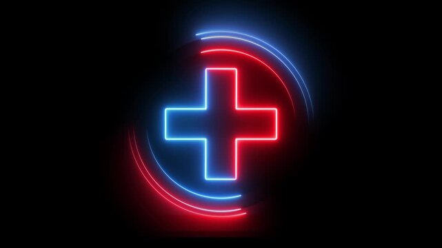 Glowing neon red and blue color plus sign icon animation circle mathematic calculating positive accountancy sign symbol on black background