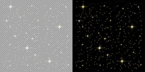 Sparkling star field with light effect golden and white starbursts on transparent and black backgrounds © samgraphicmart