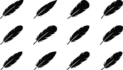 A collection of twelve black bird feather silhouettes arranged in a grid pattern on a clean white background, for use © Limon