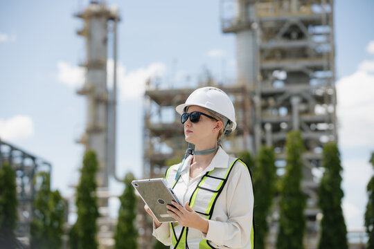Engineer in safety gear using tablet on construction site with industrial structures in the background