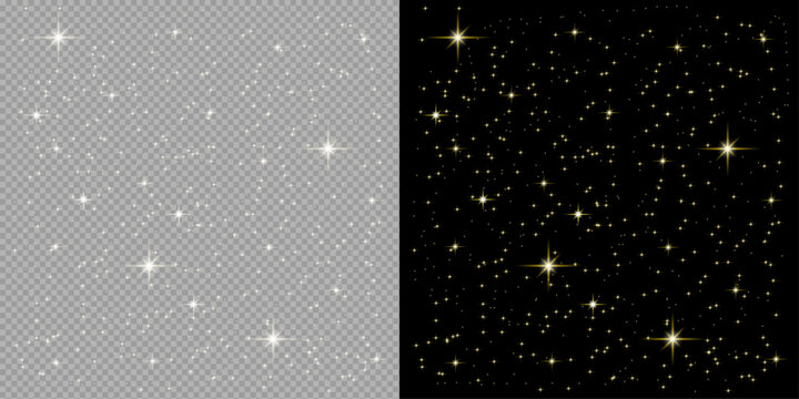 Sparkling star field with light effect golden and white starbursts on transparent and black backgrounds