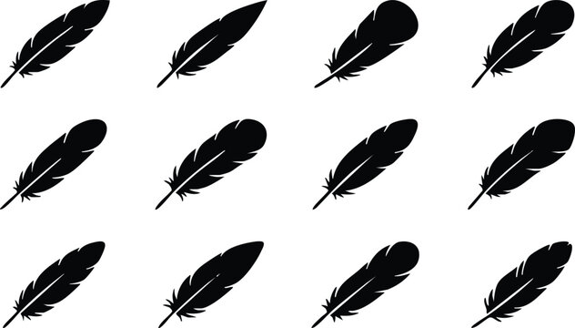 A collection of twelve black bird feather silhouettes arranged in a grid pattern on a clean white background, for use