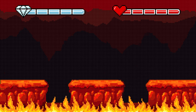 Pixel art video game background with ground platforms above fire flame, cartoon retro 8 bit arcade playing inferno scene