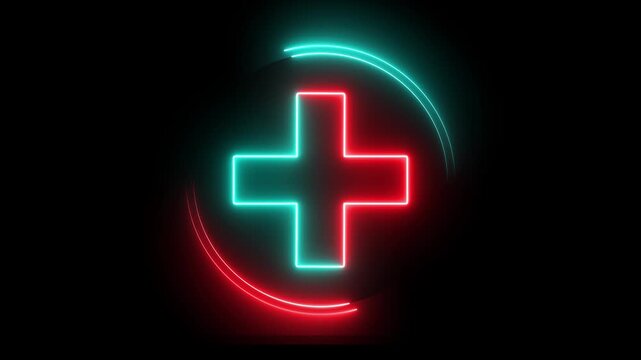Glowing neon red and cyan color plus sign icon animation circle mathematic calculating positive accountancy sign symbol on black background