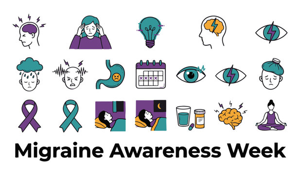 Migraine Awareness Week Vector Icon Set. Collection of Headache Symptoms, Light Sensitivity, Sleep, and Health Symbols.