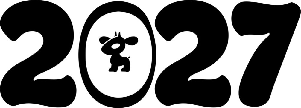 Bold black number 2027 with a cute goat silhouette inside the zero for New Year celebration