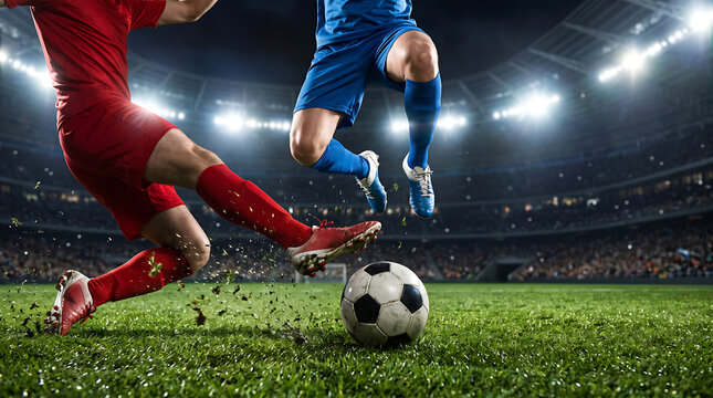 Intense football match scene with players in red and blue kits battling for possession of the ball on an illuminated stadium field, showcasing athletic skill and fierce competition