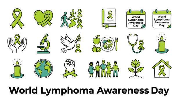 World Lymphoma Awareness Day Vector Icons Set with Green Ribbons and Medical Symbols