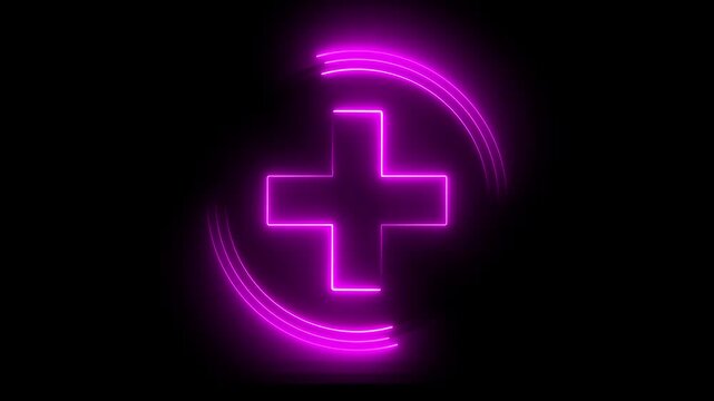 Glowing neon pink color plus sign icon animation circle mathematic calculating positive accountancy sign symbol on black background