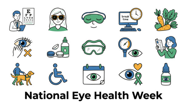 National Eye Health Week Vector Icon Set. Collection of Outline Vision Care and Awareness Icons.