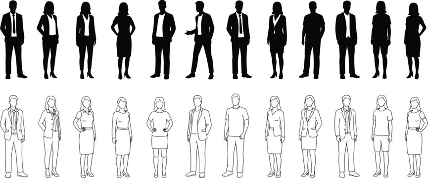 Business silhouette and outline set, formal attire comparison, professional pose icons, character modeling reference, vector fashion illustration
