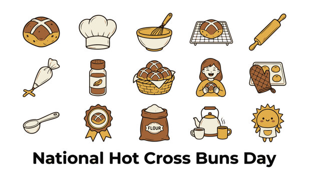 Hand Drawn Hot Cross Buns Baking Vector Icon Set with 'National Hot Cross Buns Day' Text