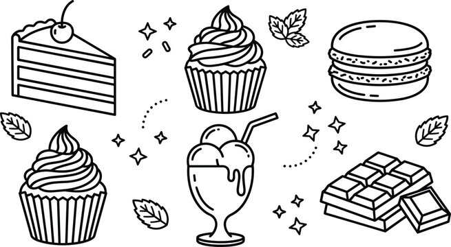 Sweet Desserts and Confectionery Bakery Line Icon Set with Cake Slice, Cupcakes, Macaron, Ice Cream Sundae, and Chocolate Bar Graphic Elements