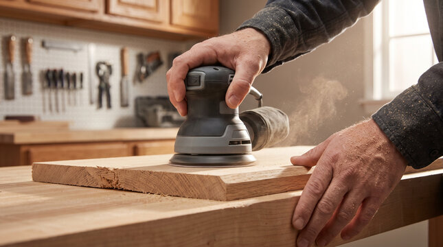 Woodworking Craftsman Sanding Wood with Electric Sander Tool