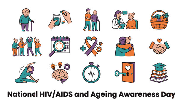 Set of Health and Aging Awareness Icons with text 'National HIV/AIDS and Ageing Awareness Day' for Seniors Care
