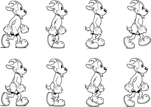 Cartoon goat character walking animation sequence with poses in rubberhose art