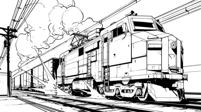 Powerful freight train speeding along railroad tracks through an urban industrial landscape