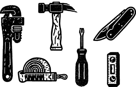 Hand-drawn linocut style set of workshop tools on a white background
