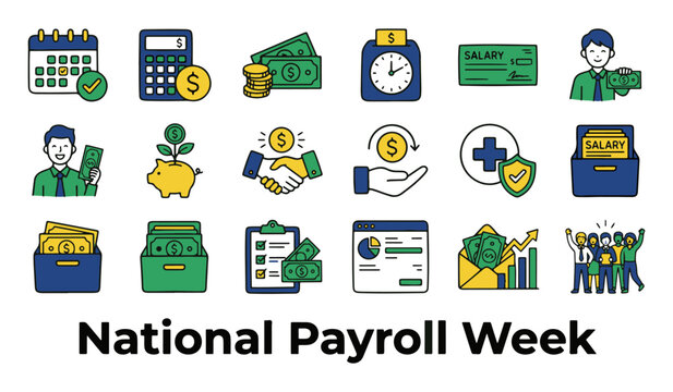 Set of 20 Modern Vector Icons for Payroll and Finance with 'National Payroll Week' Text