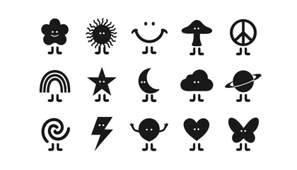 Fototapeta premium Cute character icons with legs and eyes in black silhouette style